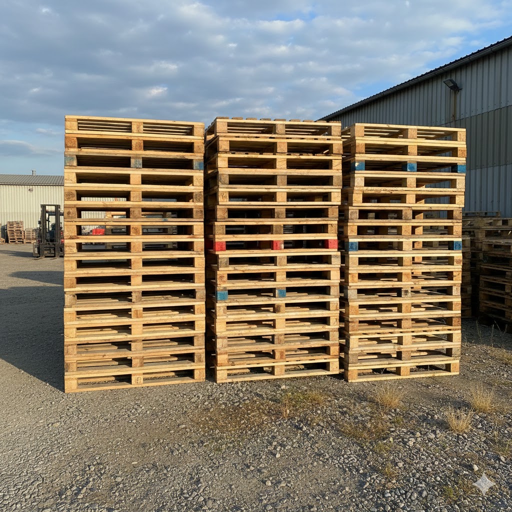 Stacked pallets at Mobile Pallets facility
